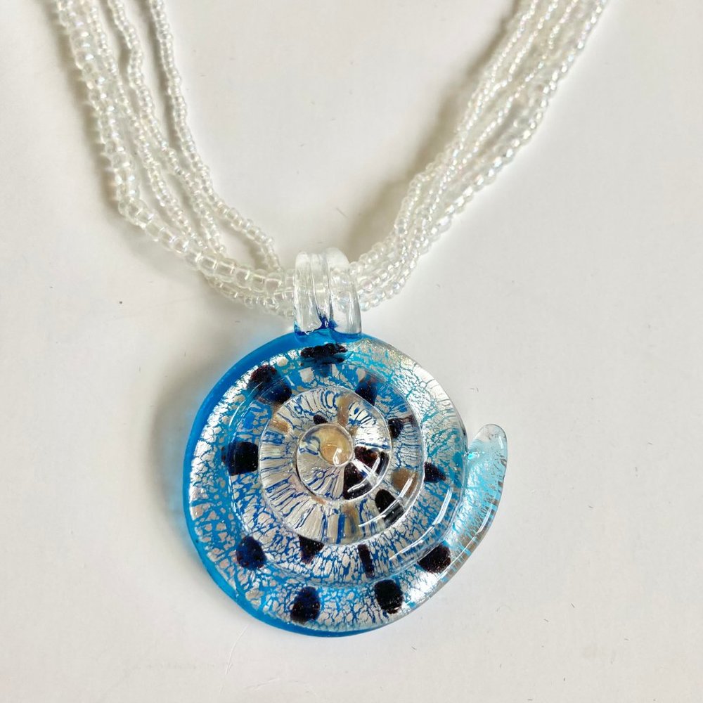 Murano Art Glass Seed Bead Sea Shell Nautilus Shiva Necklace Sea Life Nautical